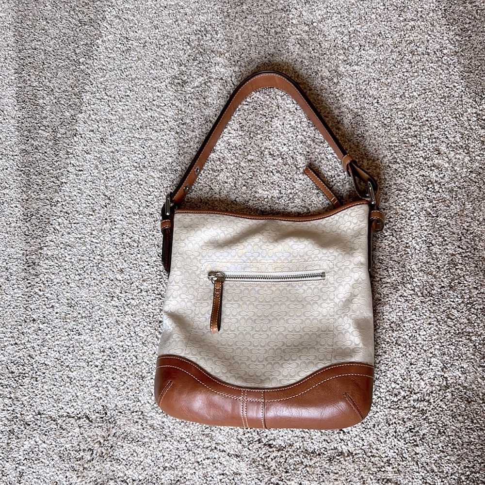 Coach Signature Cream Canvas Natural Leather Adjustable Shoulder Crossbody Bag